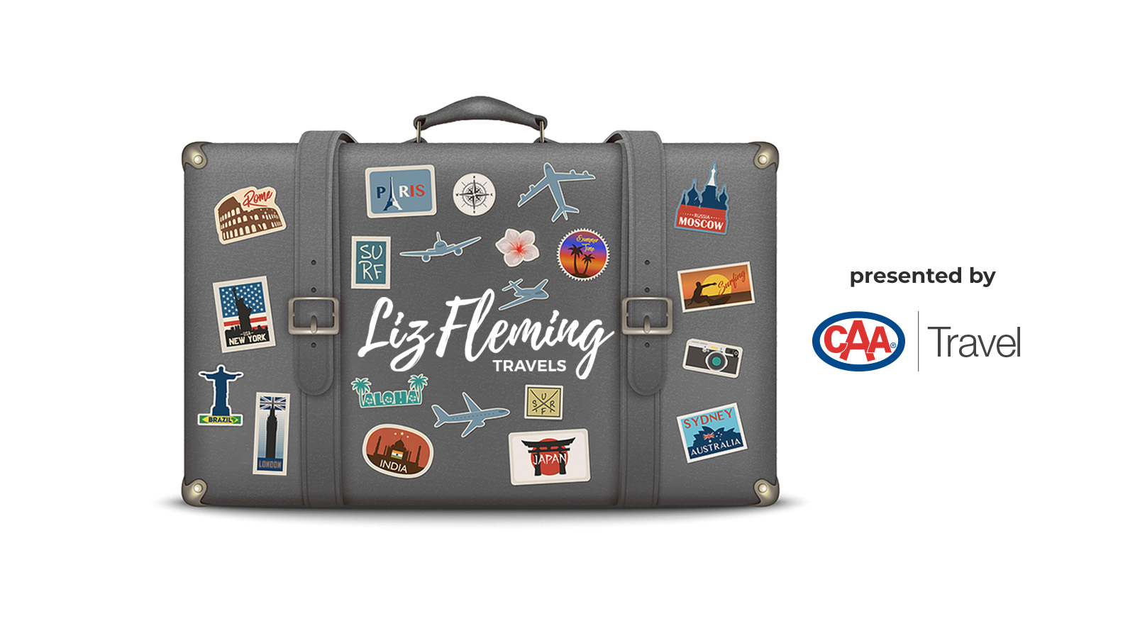 Liz Fleming Travels logo of suitcase with stickers on it